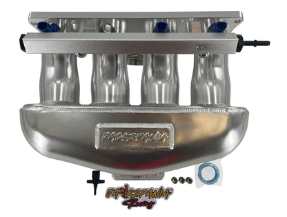 Jack Spania Racing K Series center feed intake manifold sheet metal for K20 and K24 engine swaps, showing the polished metal design.