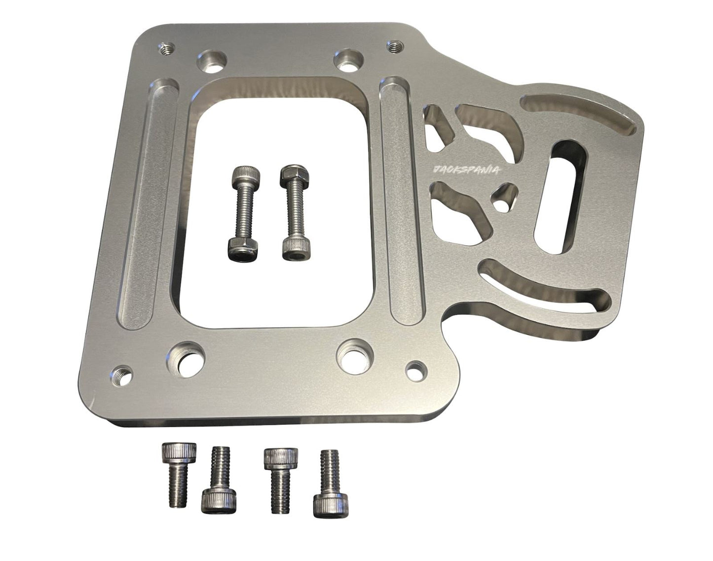 Billet aluminum staging brake mounting plate for K-series K20 K24 shifter box, by Jack Spania Racing, for transmission installation.