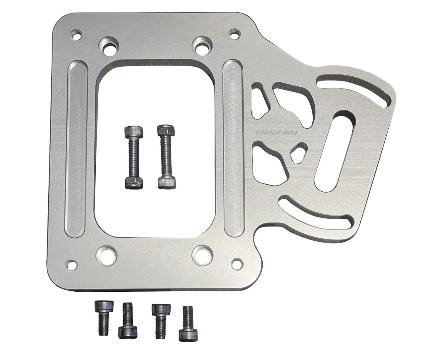 Billet aluminum staging brake mounting plate for K Series K20 K24 shifter box, used in transmission upgrades by Jack Spania Racing.