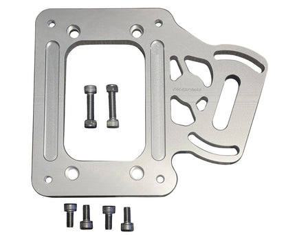 Billet aluminum staging brake mounting plate for K Series K20 K24 shifter box, used in transmission upgrades by Jack Spania Racing.