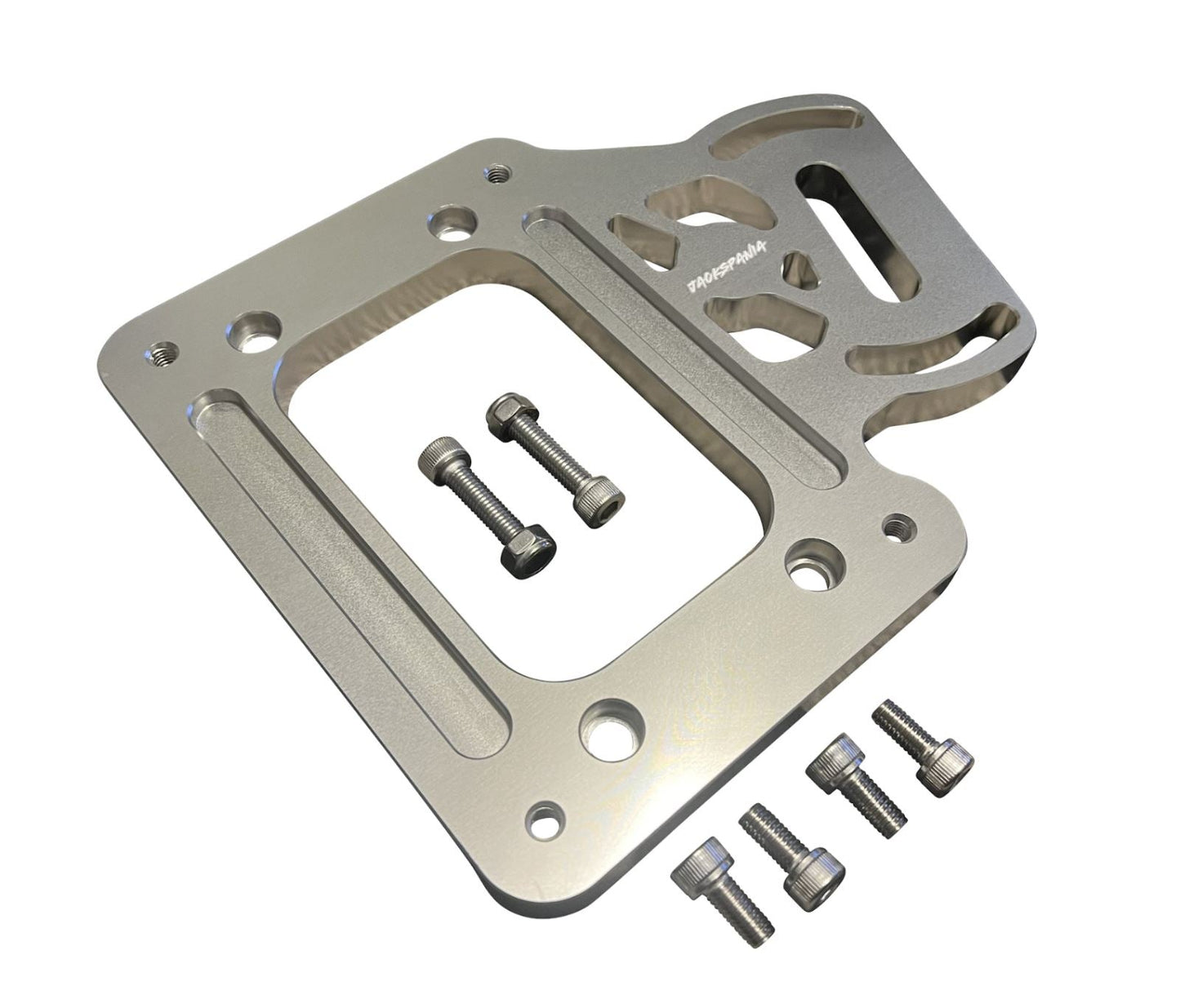 Billet aluminum K-series K20 K24 staging brake mounting plate for shifter box, by Jack Spania Racing, used in transmission setups.