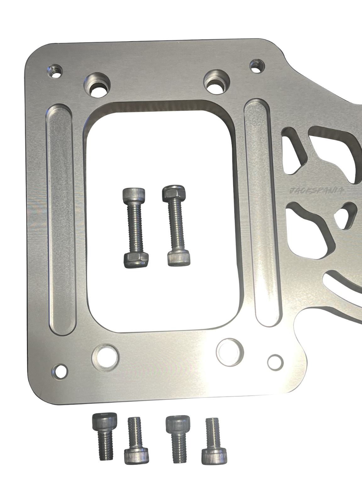 Billet aluminum staging brake mounting plate for K Series K20 K24 shifter box, by Jack Spania Racing, for transmission installation.