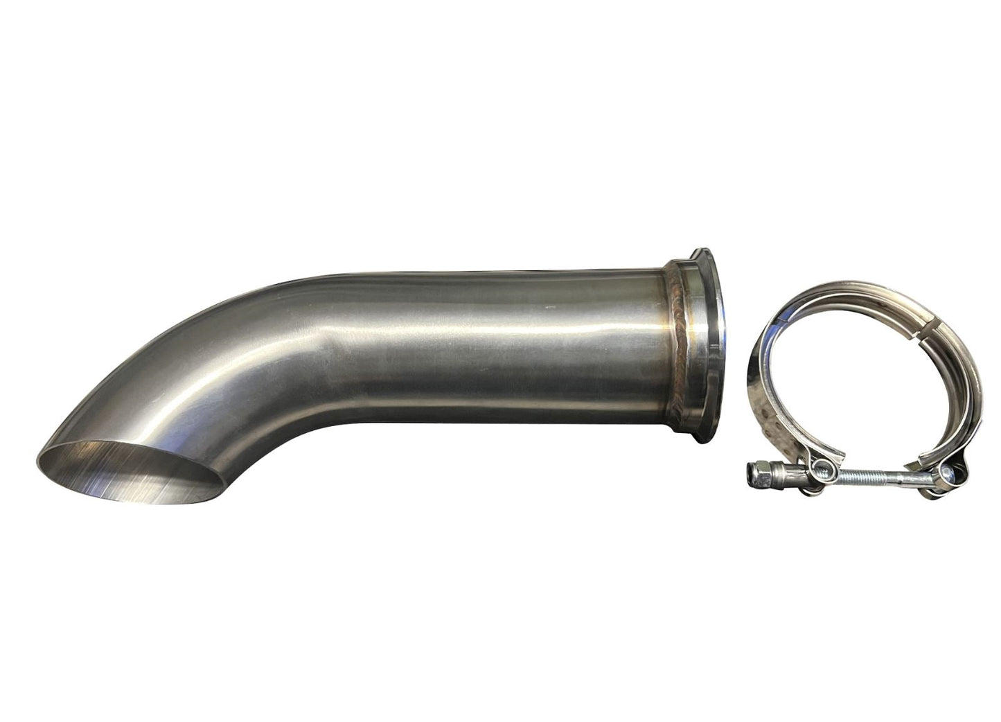 Stainless steel Turn Down Dolphin Muffler for 3-inch exhaust pipe, universal fit, V-band connection, by Jack Spania Racing.