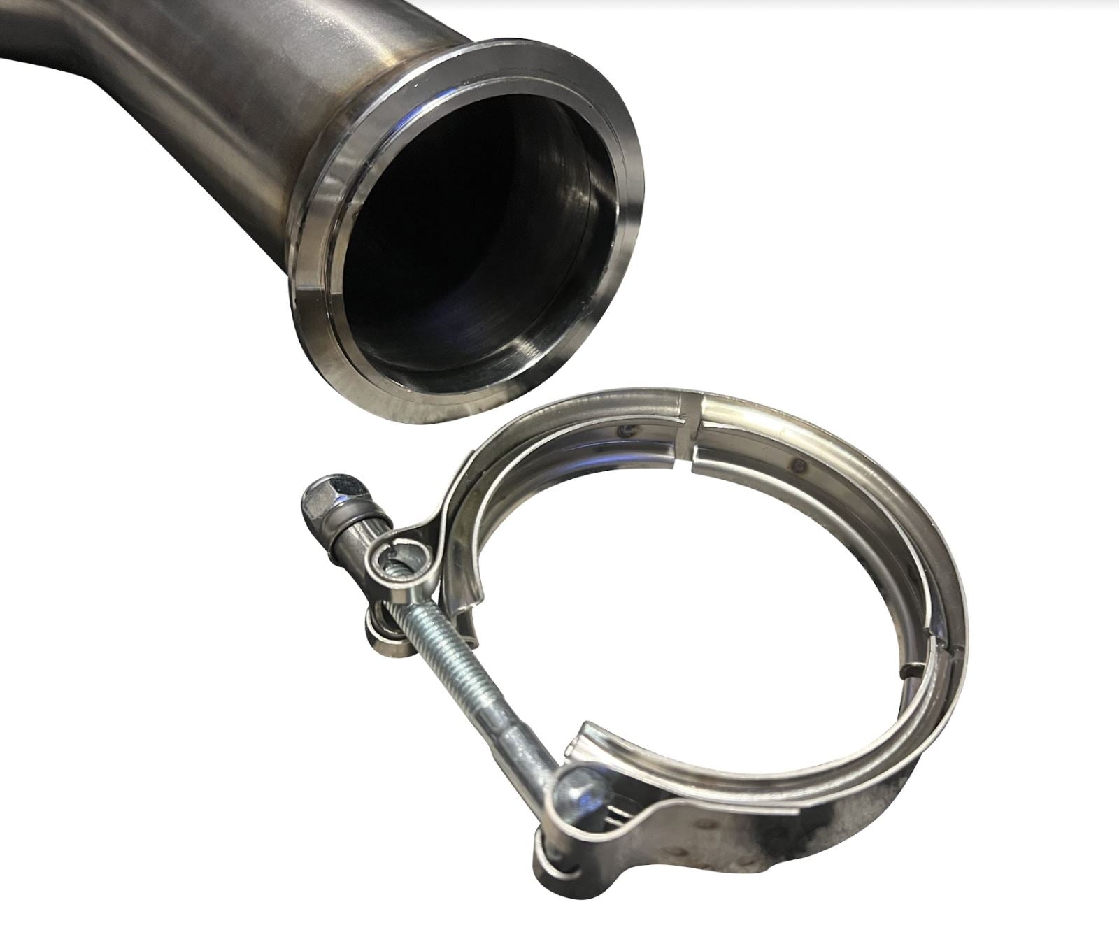 Stainless steel Turn Down Dolphin Muffler with 3-inch pipe and V-band clamp, compatible with Jack Spania Racing exhaust systems.