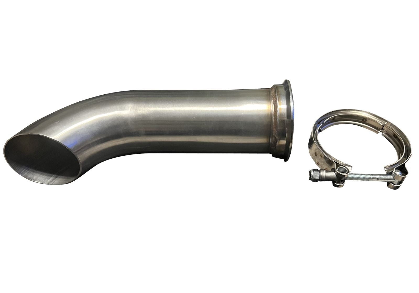 Stainless steel Turn Down Dolphin Muffler with 3-inch pipe and V-band clamp for universal exhaust system by Jack Spania Racing.