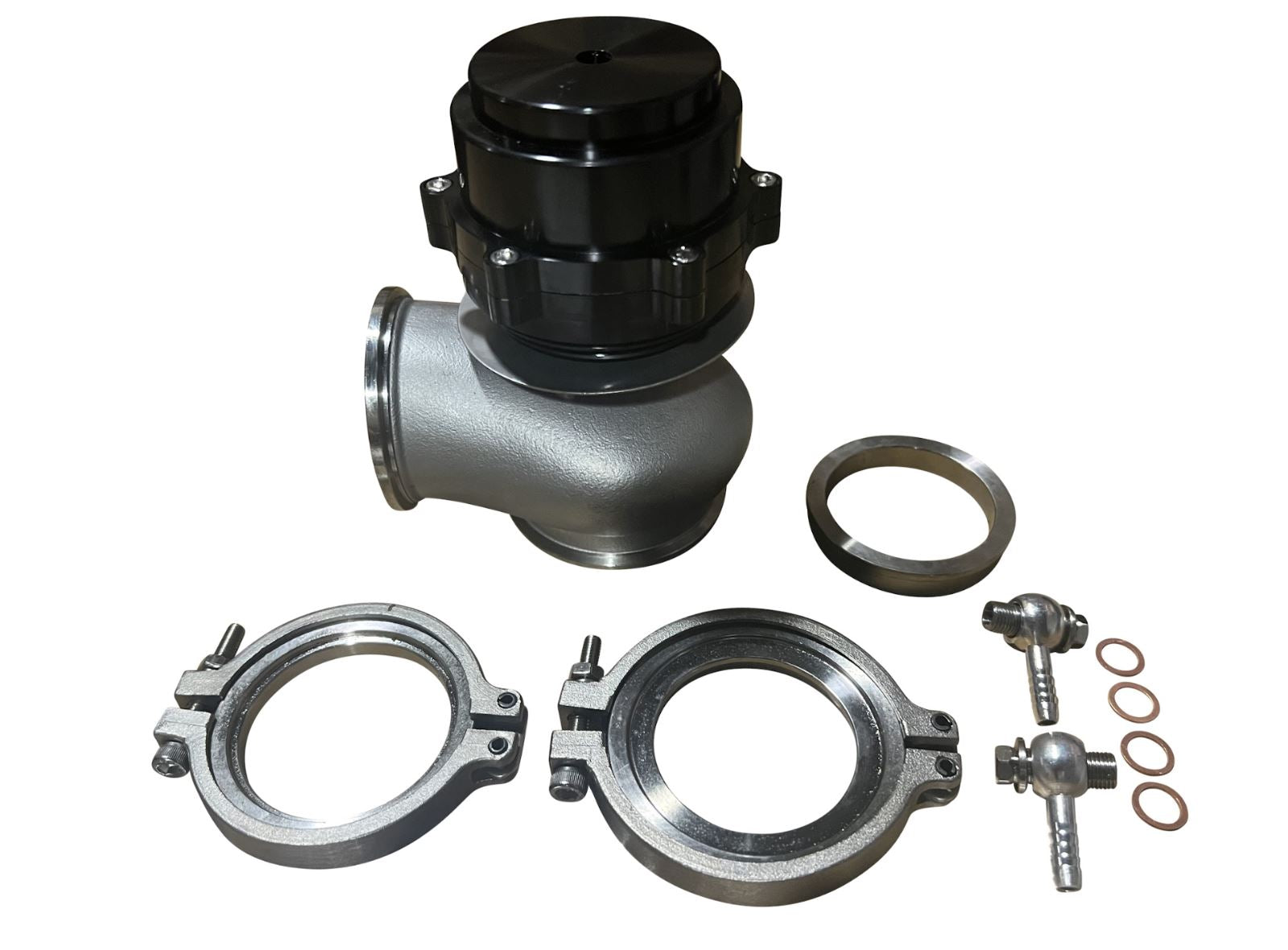 Universal 60mm V-band flange clamp for wastegate EWG, engine part by JackSpania Racing, showing metal flange and clamp components.