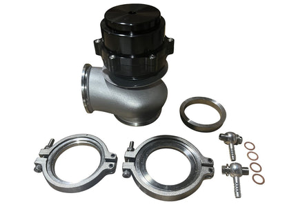 Universal 60mm V-band flange clamp for wastegate EWG, engine part by JackSpania Racing, showing metal flange and clamp components.