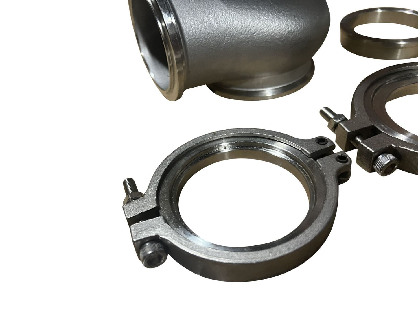 Universal 60mm V-band flange clamp for wastegate, by JackSpania Racing, used in engine turbocharger systems.