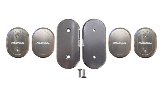 Exterior billet firewall harness block plug kit for Honda Acura Civic hatch Si DC2, by JackSpania Racing, shown on vehicle engine bay.
