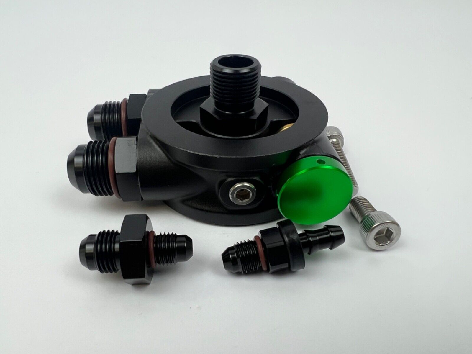 JackSpania Racing billet 10AN ORB thermostatic oil sandwich plate adapter with M20 x 1.5 thread and 180-degree fitting for engine oil cooling