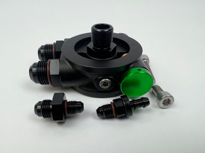 JackSpania Racing billet 10AN ORB thermostatic oil sandwich plate adapter with M20 x 1.5 thread and 180-degree fitting for engine oil cooling