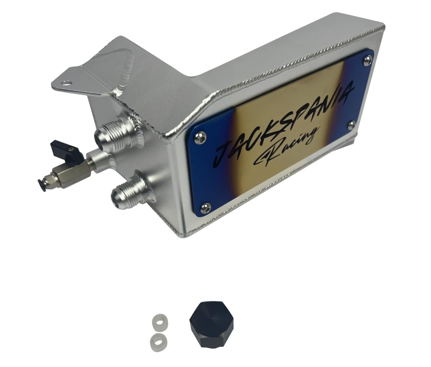 JackSpania Racing K Series K Swap tucked oil catch can installed in a Honda Civic EG or Acura Integra K20 K24 engine bay