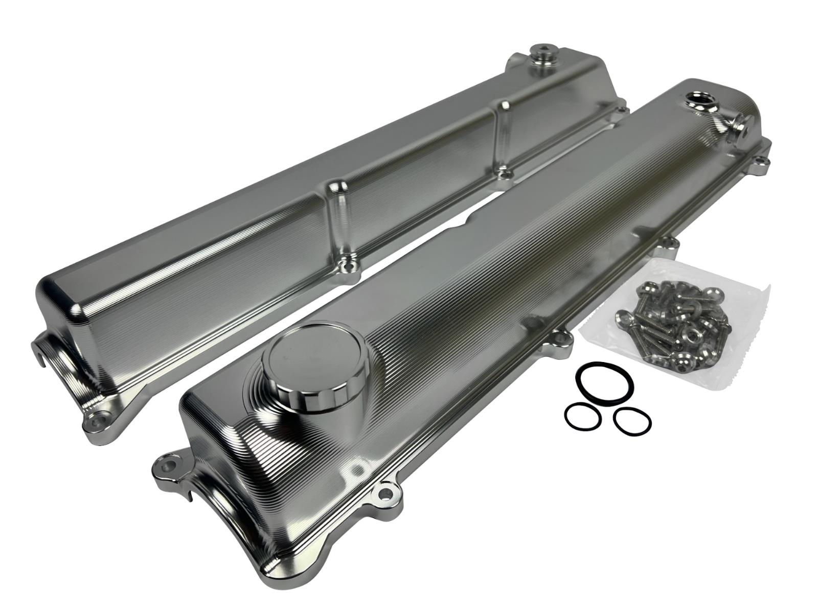 Toyota Supra 2JZ Billet Valve Covers with anodized oil cap bolts, engine parts by JackSpania Racing, showing detailed metal finish.
