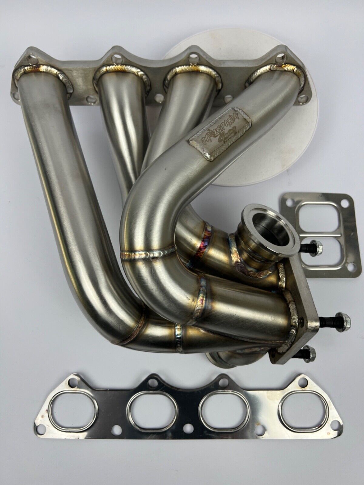 JackSpania Racing B Series turbo manifold for B16, B18, B20 engines, front-facing T4 exhaust part with 44mm ports.