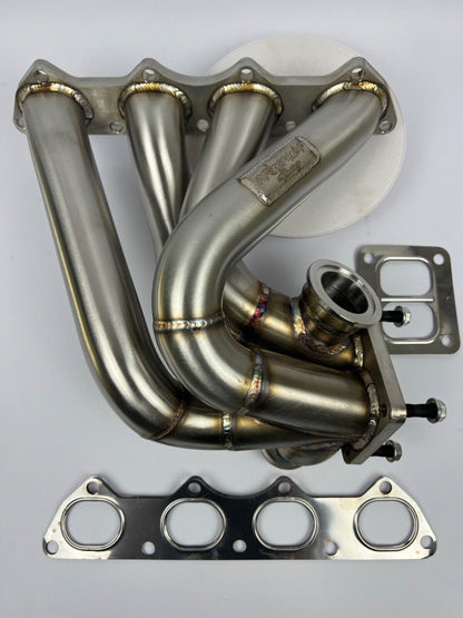 JackSpania Racing B Series turbo manifold for B16, B18, B20 engines, front-facing T4 exhaust part with 44mm ports.