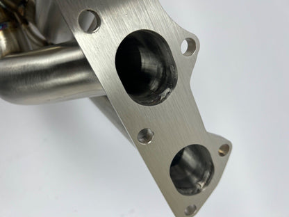 JackSpania Racing B Series turbo manifold for B16, B18, B20 engines, front-facing T4 exhaust part with 44mm ports.