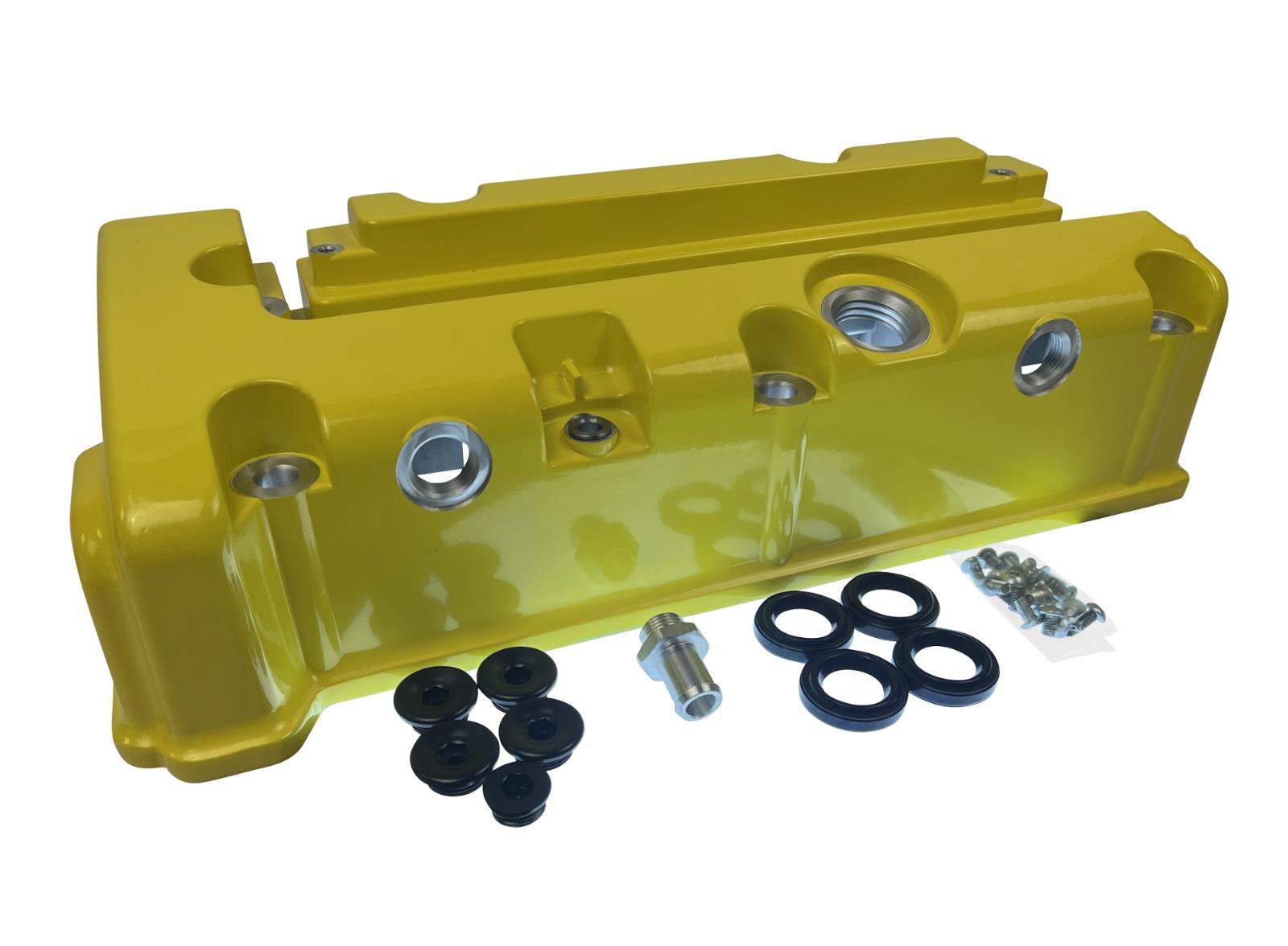 Cast aluminum K Series vented valve cover baffle for Honda Acura K20 K24 engines, compatible with AN10 fittings, by Jack Spania Racing.