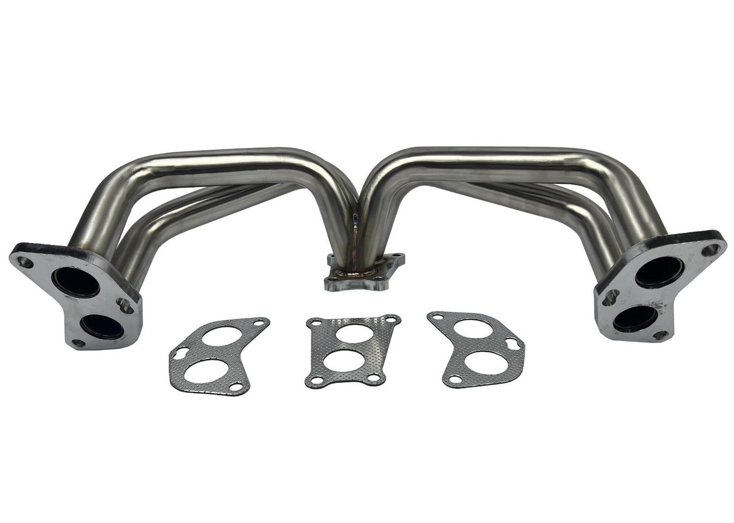 Equal length header big tube turbo manifold for Subaru WRX, by JackSpania Racing, showing polished metal exhaust parts.