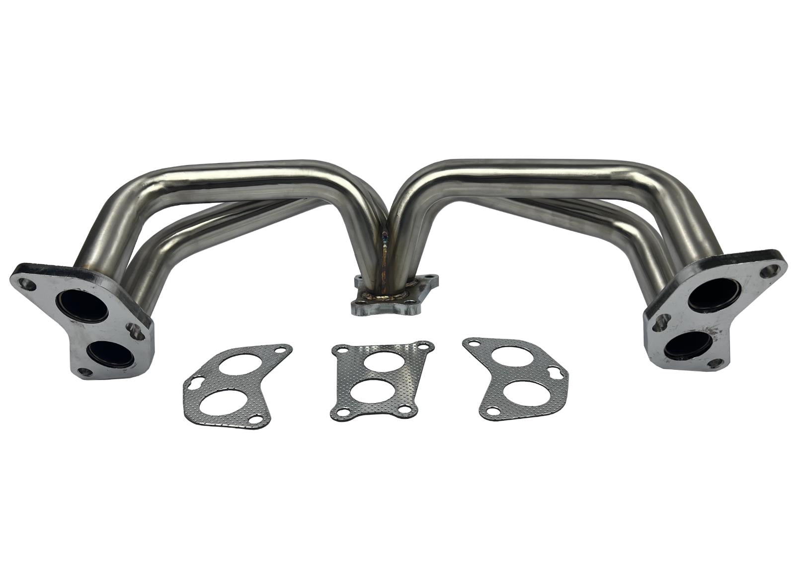 Equal length header big tube turbo manifold for Subaru WRX, by JackSpania Racing, showing polished metal exhaust parts.