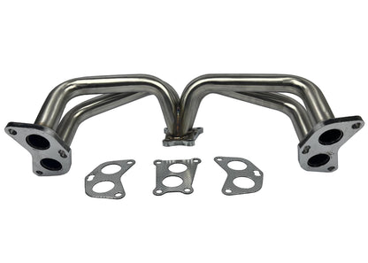 Equal length header big tube turbo manifold for Subaru WRX, by JackSpania Racing, showing polished metal exhaust parts.