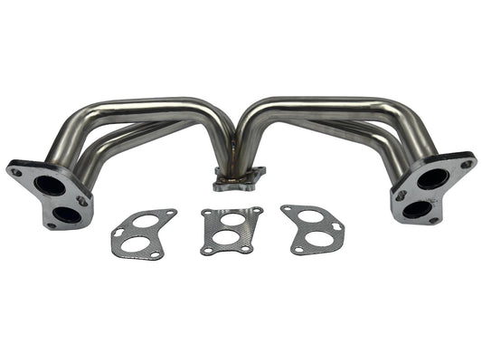 Equal length header big tube turbo manifold for Subaru WRX, by JackSpania Racing, showing polished metal exhaust parts.