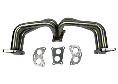 Equal length header big tube turbo manifold for Subaru WRX from JackSpania Racing, showcasing the stainless steel exhaust component.