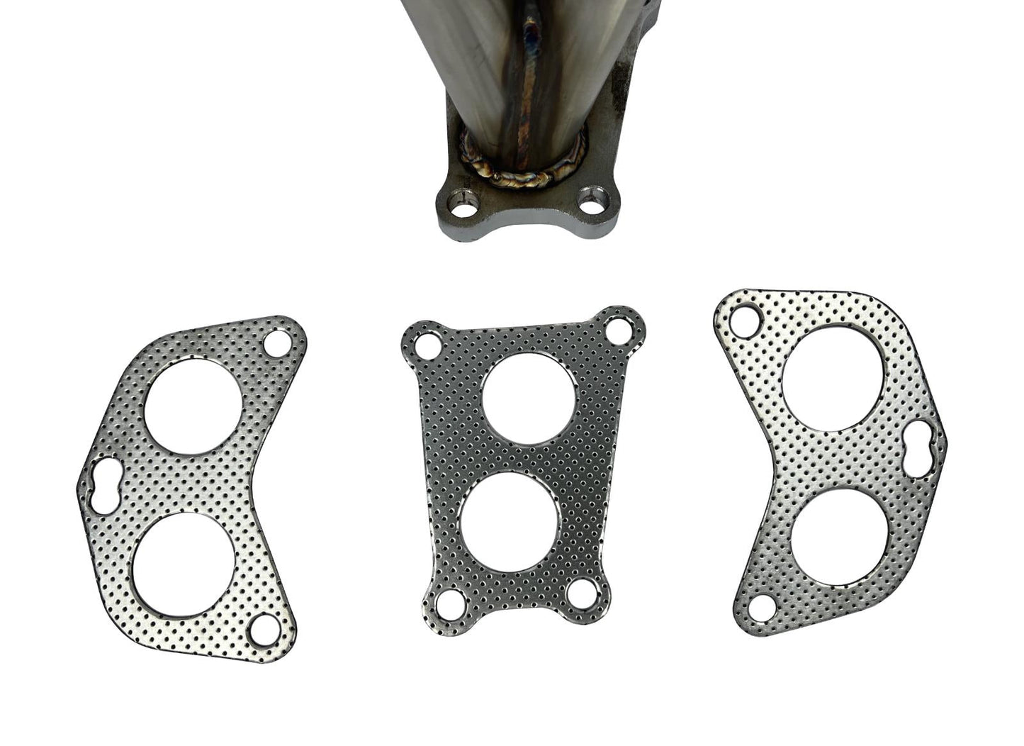 Equal length header big tube turbo manifold for Subaru WRX, made by JackSpania Racing, showing polished exhaust manifold with turbo connections.