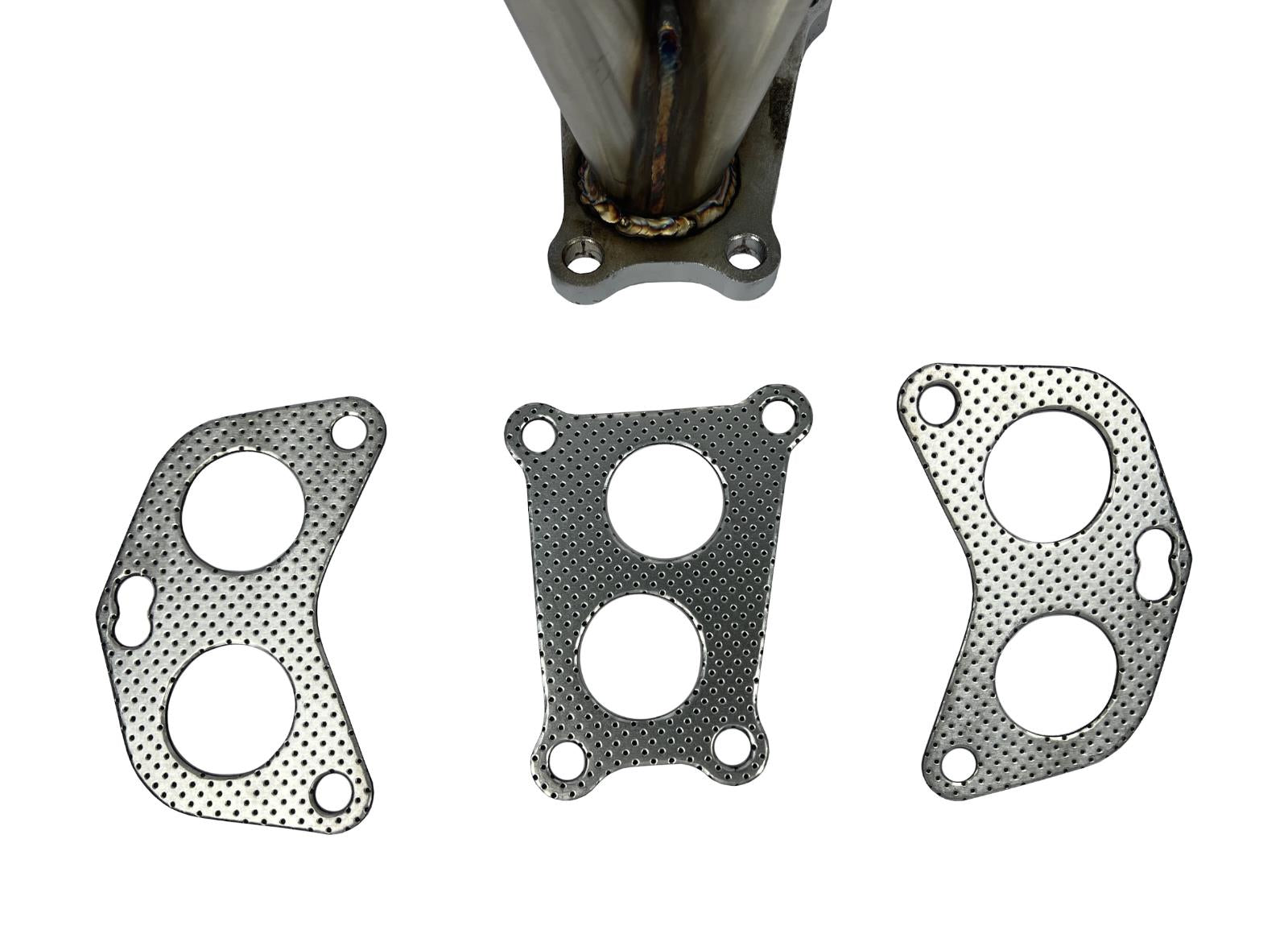 Equal length header big tube turbo manifold for Subaru WRX, made by JackSpania Racing, showing polished exhaust manifold with turbo connections.