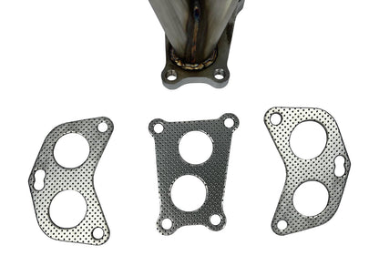 Equal length header big tube turbo manifold for Subaru WRX, made by JackSpania Racing, showing polished exhaust manifold with turbo connections.