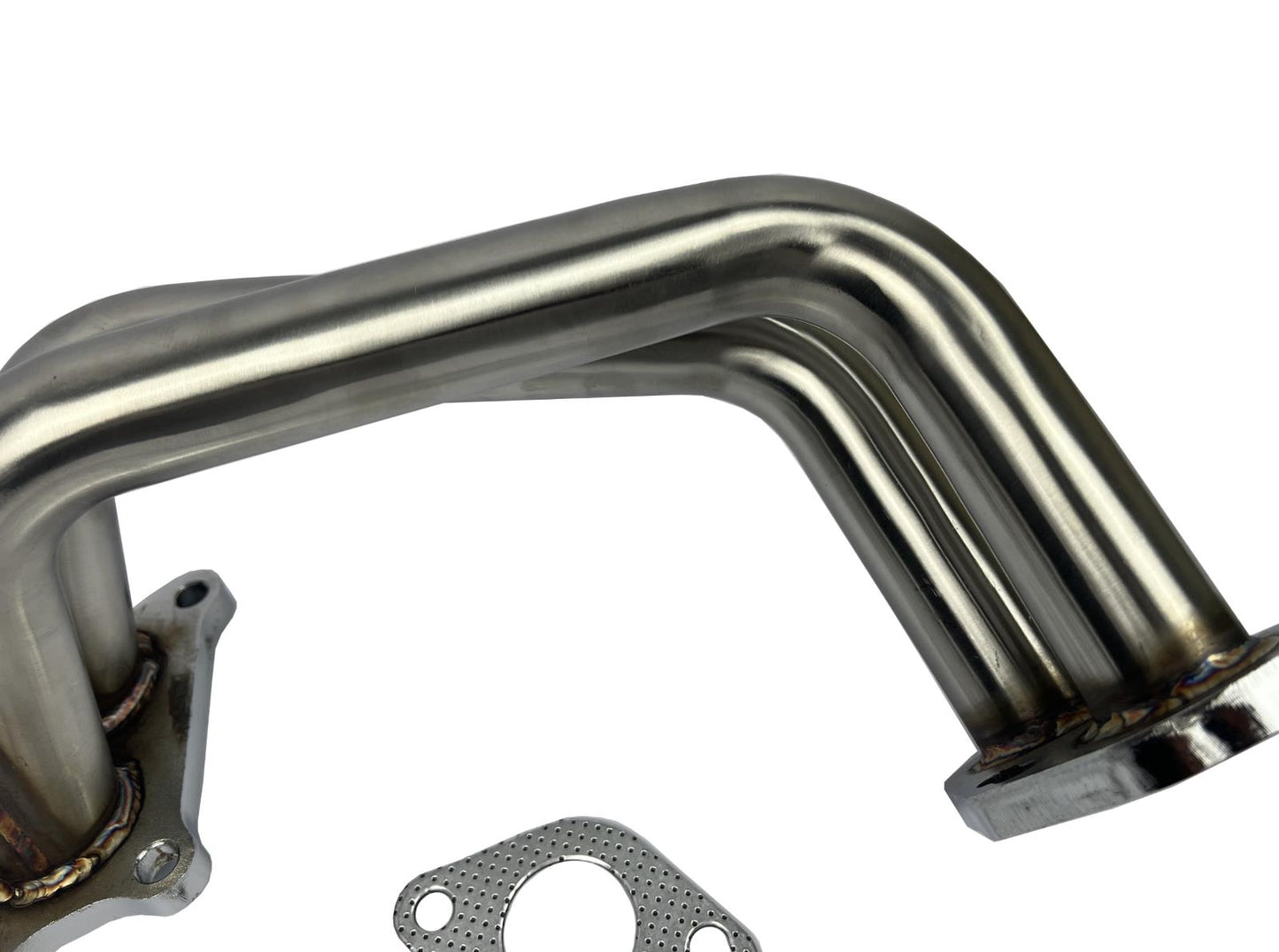 Equal length header big tube turbo manifold for Subaru WRX, made by JackSpania Racing, showing polished exhaust manifold with tube design.