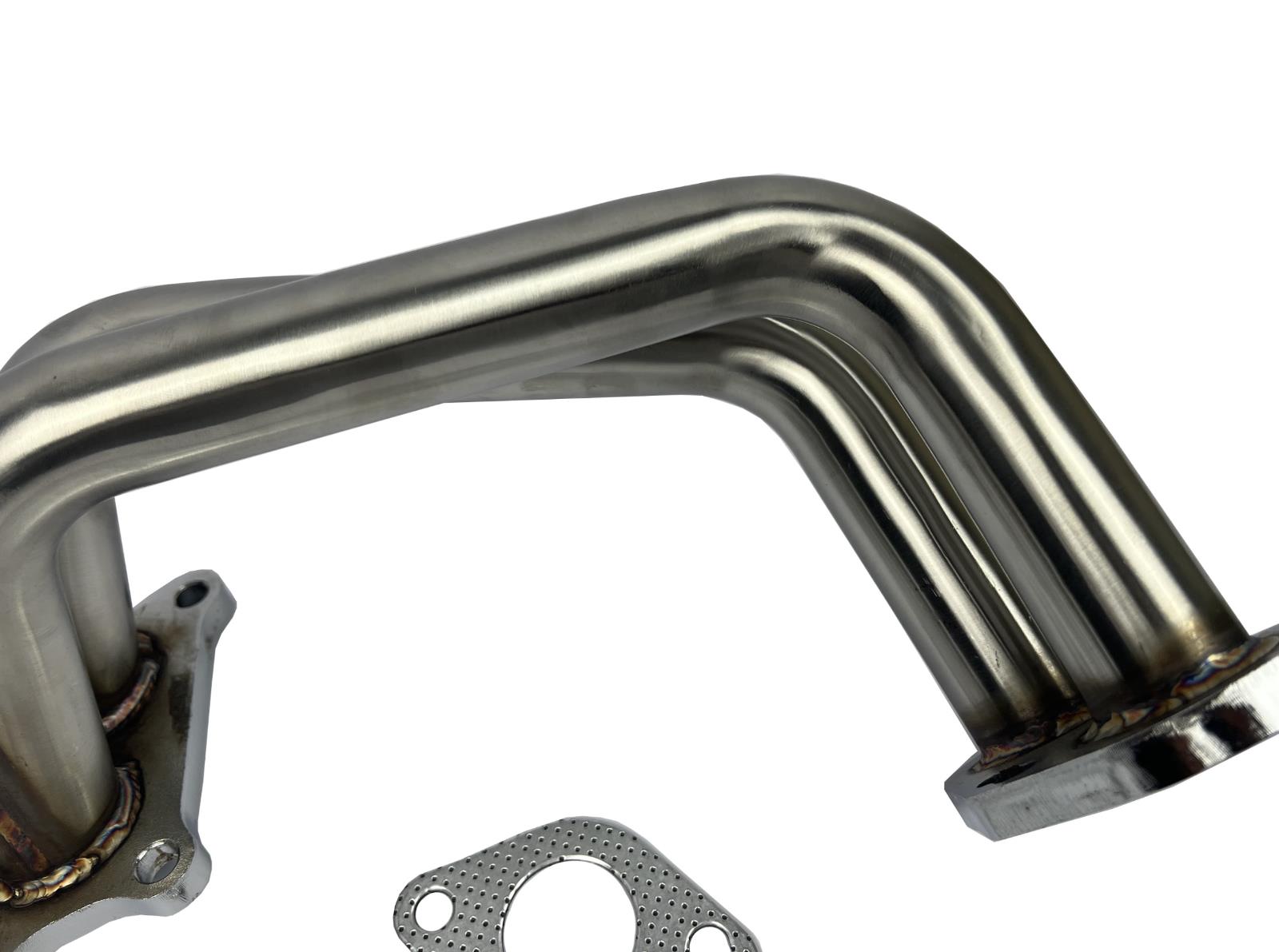 Equal length header big tube turbo manifold for Subaru WRX, made by JackSpania Racing, showing polished exhaust manifold with tube design.