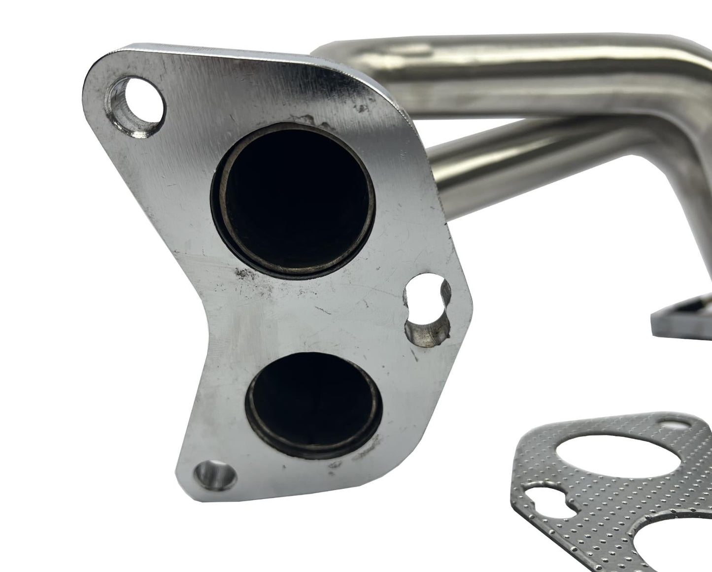 Equal length header big tube turbo manifold for Subaru WRX, made by JackSpania Racing, shown in a close-up view of the exhaust part.