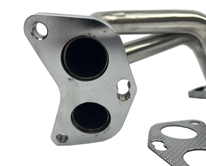 Equal length header big tube turbo manifold for Subaru WRX, made by JackSpania Racing, shown in a close-up view of the exhaust part.