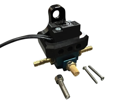JackSpania Racing billet 3-port AEM boost controller solenoid valve mount bracket for engine installation.