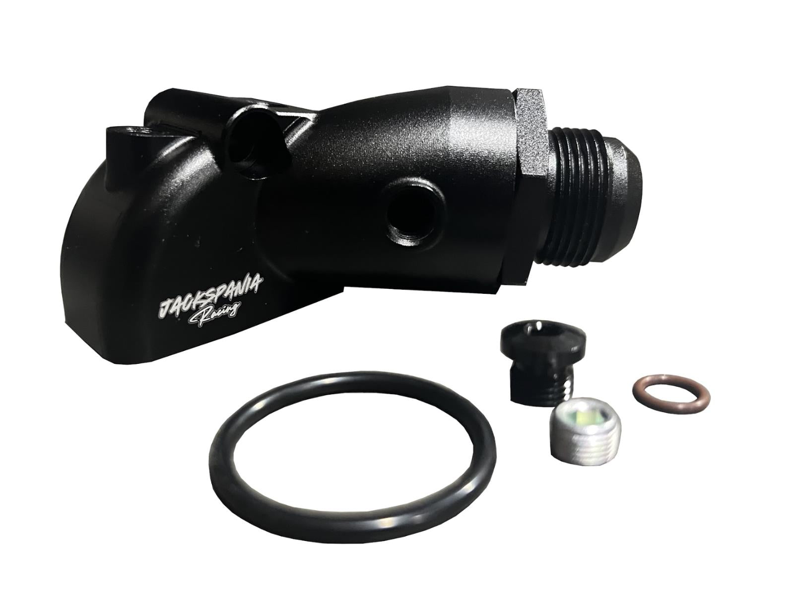 JackSpania Racing compact upper coolant water neck for Toyota 1JZ-GTE and 2JZ-GTE engines, with 16AN fittings for engine cooling system