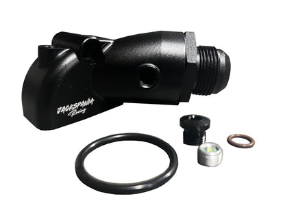 JackSpania Racing compact upper coolant water neck for Toyota 1JZ-GTE and 2JZ-GTE engines, with 16AN fittings for engine cooling system