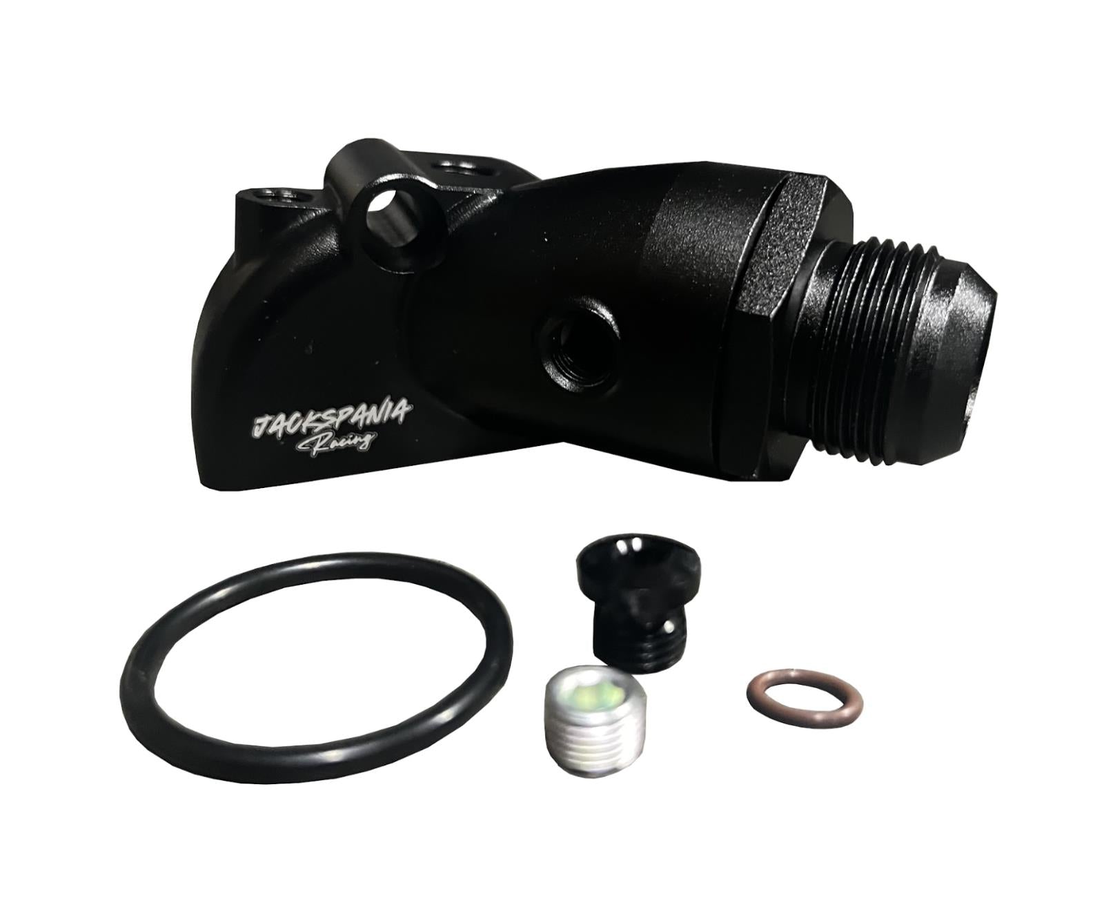 JackSpania Racing compact upper coolant water neck for Toyota 1JZ-GTE and 2JZ-GTE engines, 16AN fitting, high-performance engine part