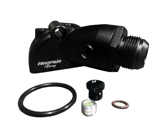 JackSpania Racing compact upper coolant water neck for Toyota 1JZ-GTE and 2JZ-GTE engines, 16AN fitting, high-performance engine part