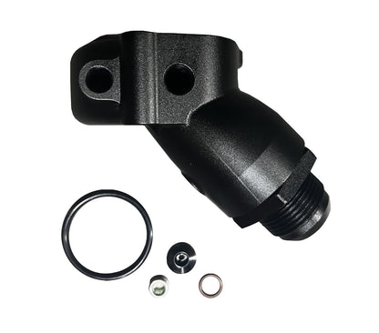 JackSpania Racing compact upper coolant water neck for Toyota 1JZ-GTE and 2JZ-GTE engines, 16AN upgrade for engine cooling.