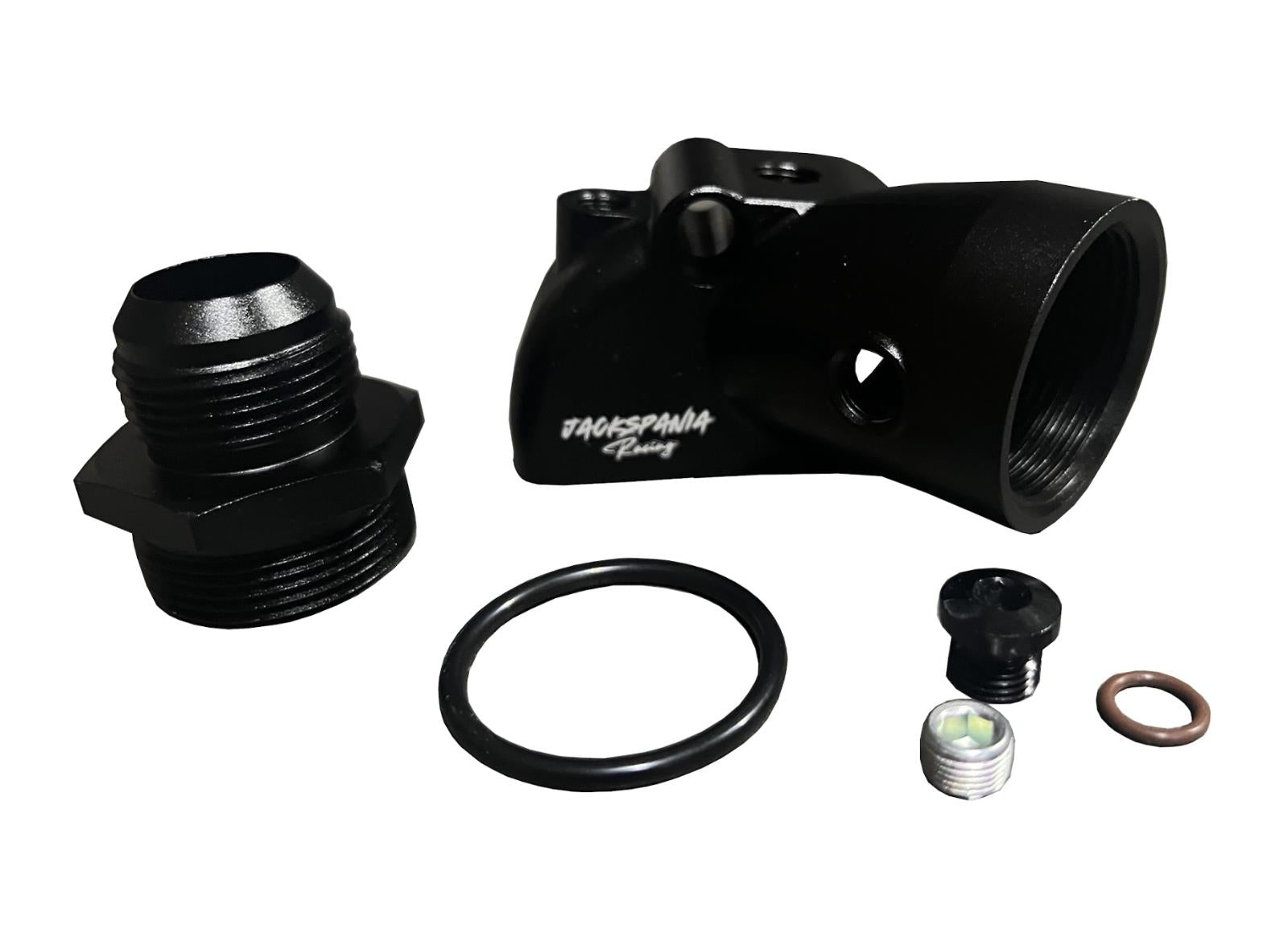 JackSpania Racing compact upper coolant water neck for Toyota 1JZ-GTE and 2JZ-GTE engines, featuring 16AN fittings.
