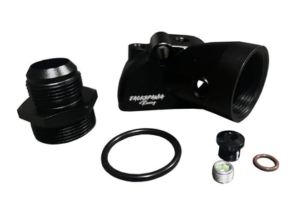JackSpania Racing compact upper coolant water neck for Toyota 1JZ-GTE and 2JZ-GTE engines, featuring 16AN fittings.