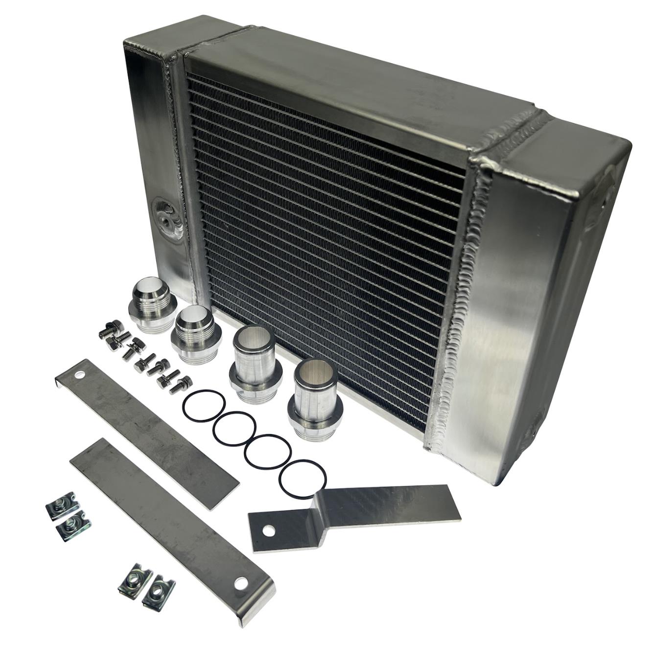 JackSpania Racing half size compact drag radiator with 1.25" 16AN fittings, 4-row core, designed for engine cooling.