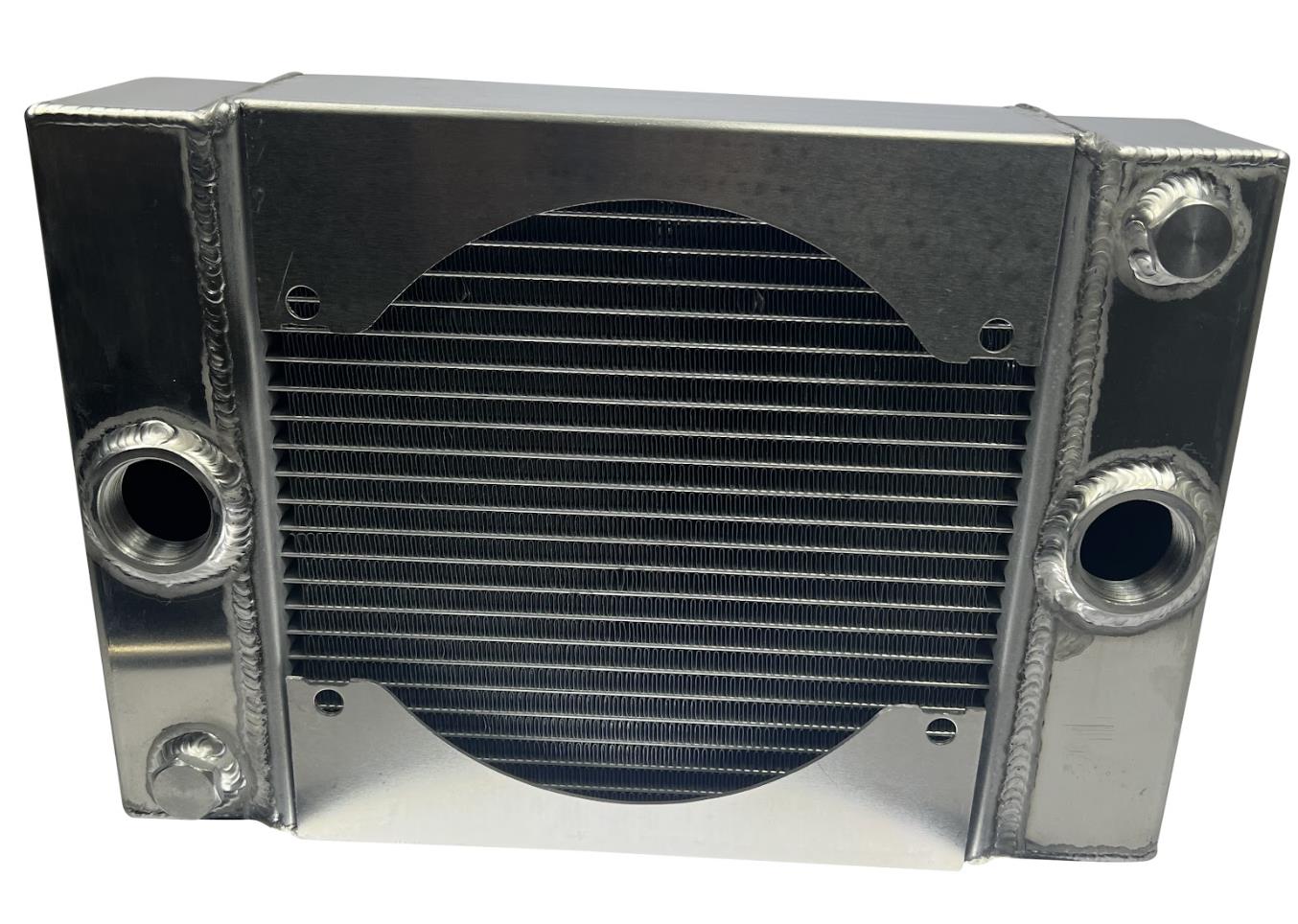 JackSpania Racing half size compact coolant radiator with 1.25-inch inlet, 16AN fittings, 4-row core, designed for engine cooling.