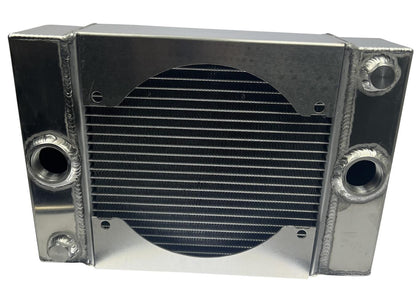 JackSpania Racing half size compact coolant radiator with 1.25-inch inlet, 16AN fittings, 4-row core, designed for engine cooling.