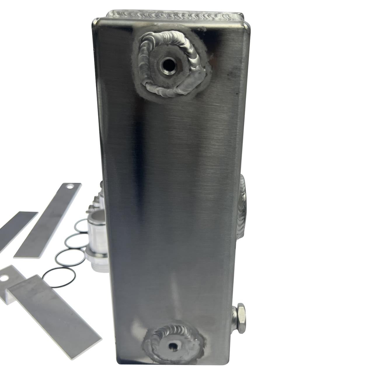 JackSpania Racing half size compact drag coolant radiator with 1.25-inch inlet, 16AN fittings, and 4-row core for engine cooling.