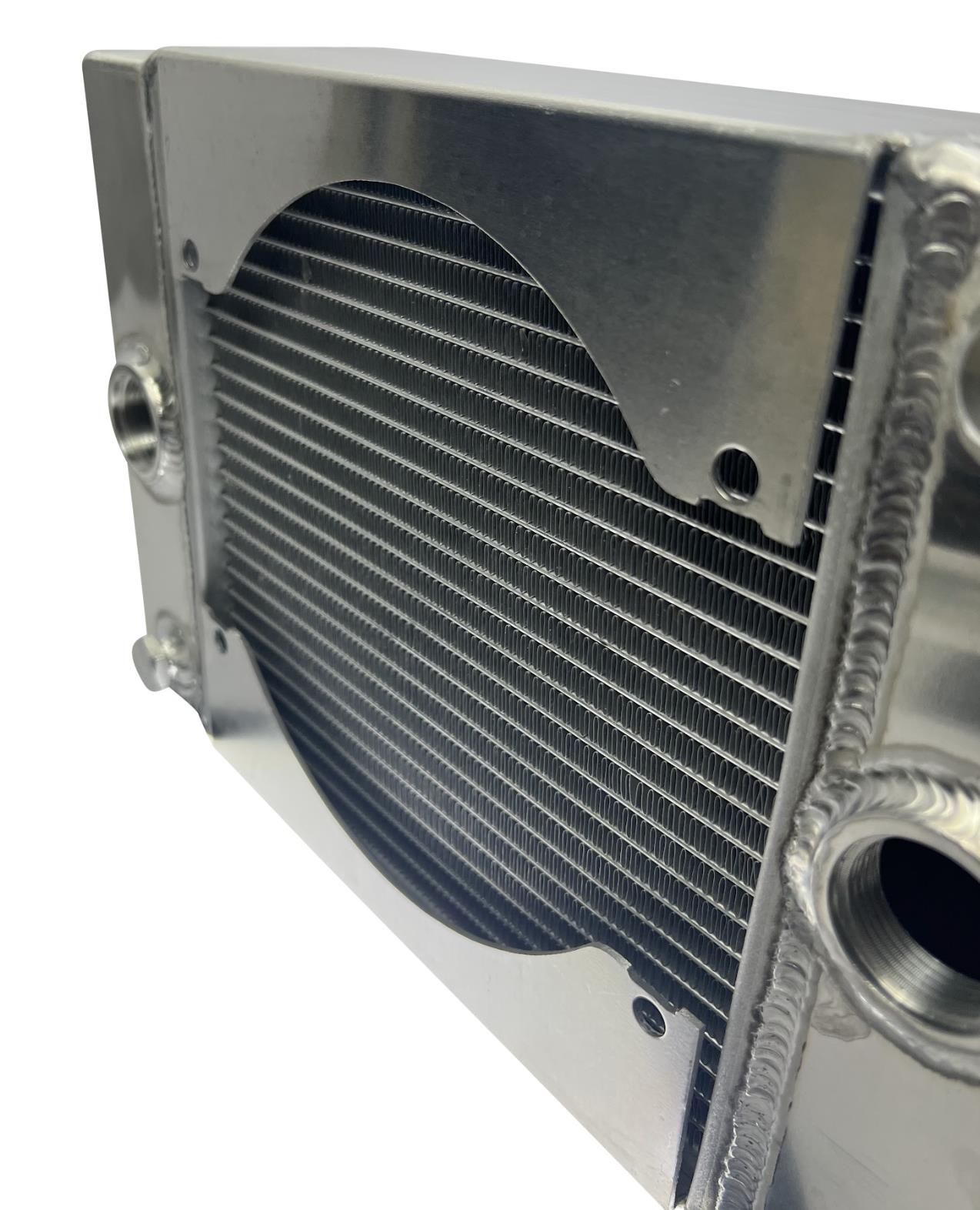 JackSpania Racing half-size compact drag tuck coolant radiator with 1.25-inch 16AN fittings and 4-row core for engine cooling.