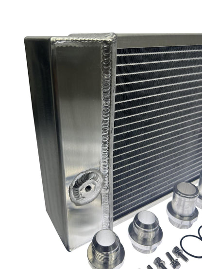 JackSpania Racing half size compact drag coolant radiator with 4-row core, 1.25" 16AN fittings, designed for engine cooling.