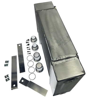 JackSpania Racing half-size compact drag radiator with 1.25" 16AN fittings and 4-row core, designed for engine cooling.