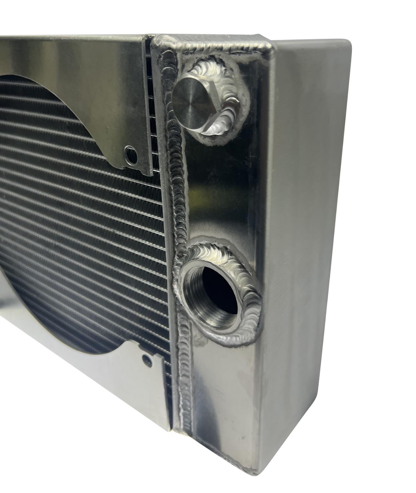 JackSpania Racing half size compact drag coolant radiator with 1.25" 16AN fittings and four-row core for engine cooling.