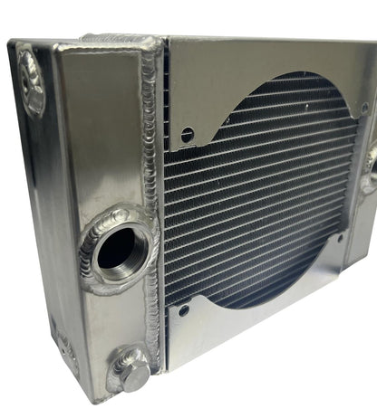 JackSpania Racing half size compact drag coolant radiator with 4-row core, 1.25" 16AN fittings, designed for engine cooling.